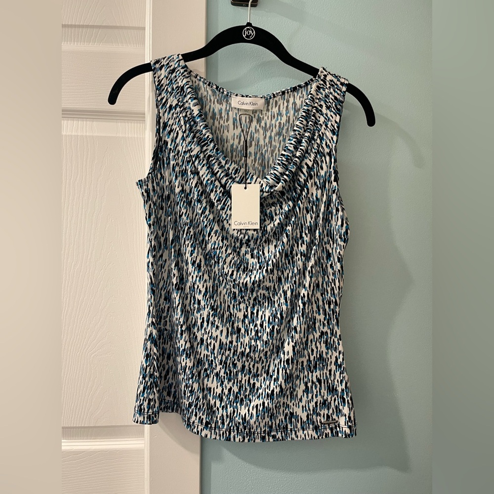 Calvin Klein Blue & White Printed Cowl Neck Blouse
